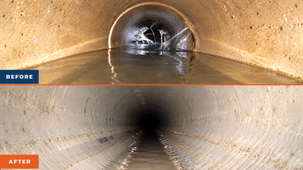 Before-and-after CCTV views showing severe pipe infiltration and the rehabilitated pipe after repair.