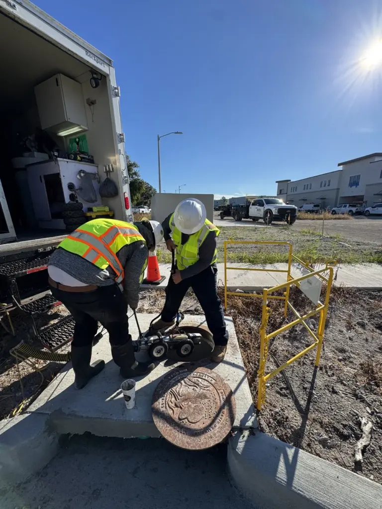 Construction site with pipes being inspected, showcasing Flotech's lateral inspection capabilities.