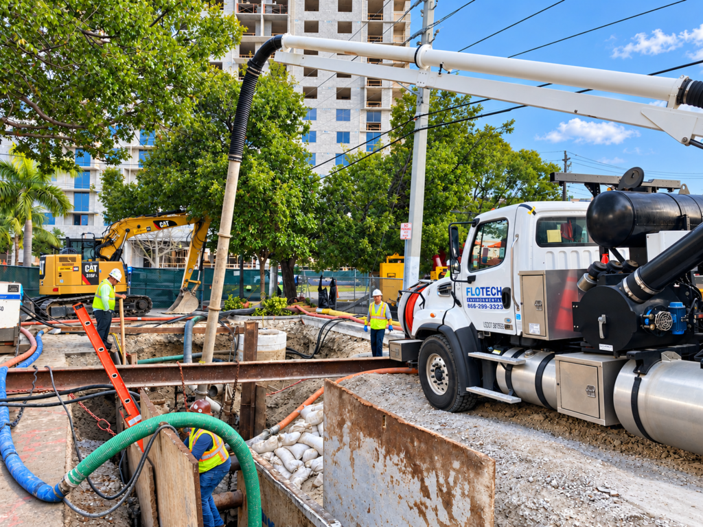 Crew performing hydroexcavation to expose utility lines