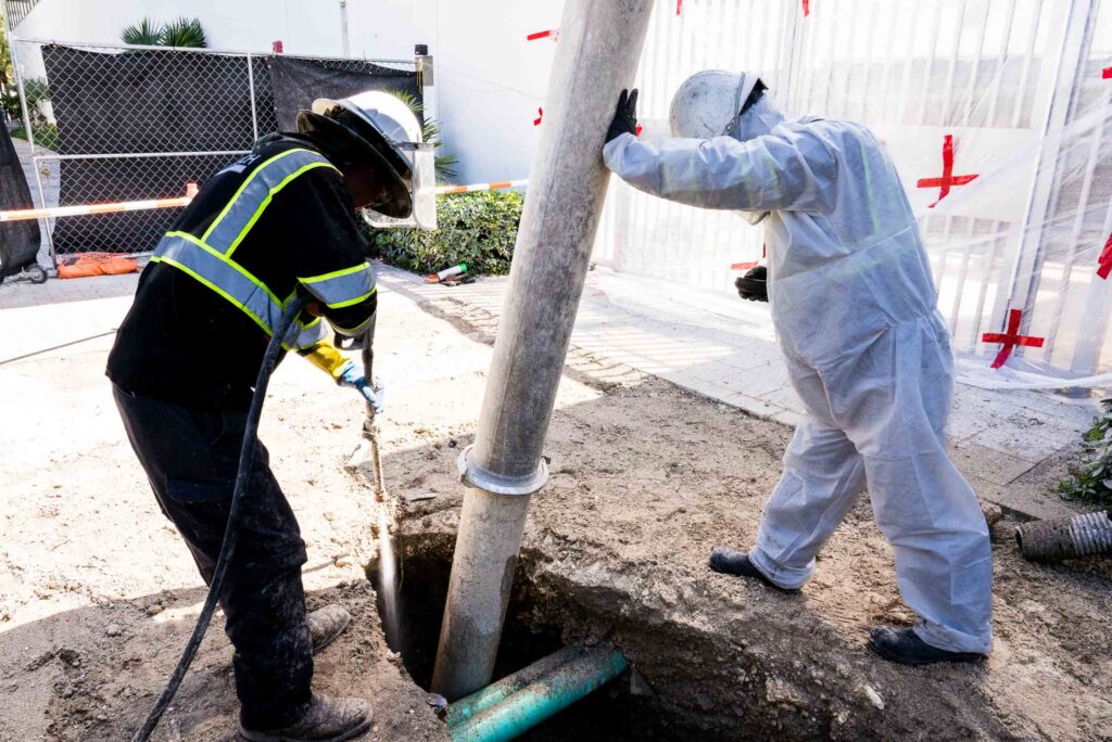 A hydro excavation truck with hoses extended, working on a construction site with soil and debris around.