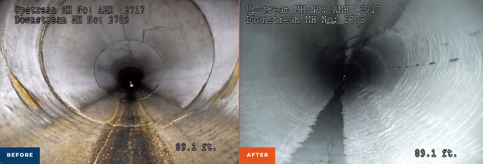 Before and after trenchless pipe rehabilitation: pipe interior side by side